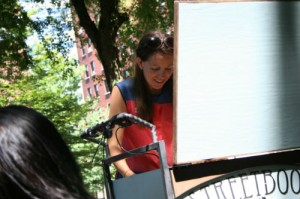 laura moulton with the street books cart